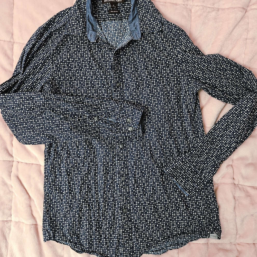 Blue and White Patterned Button-Up Shirt